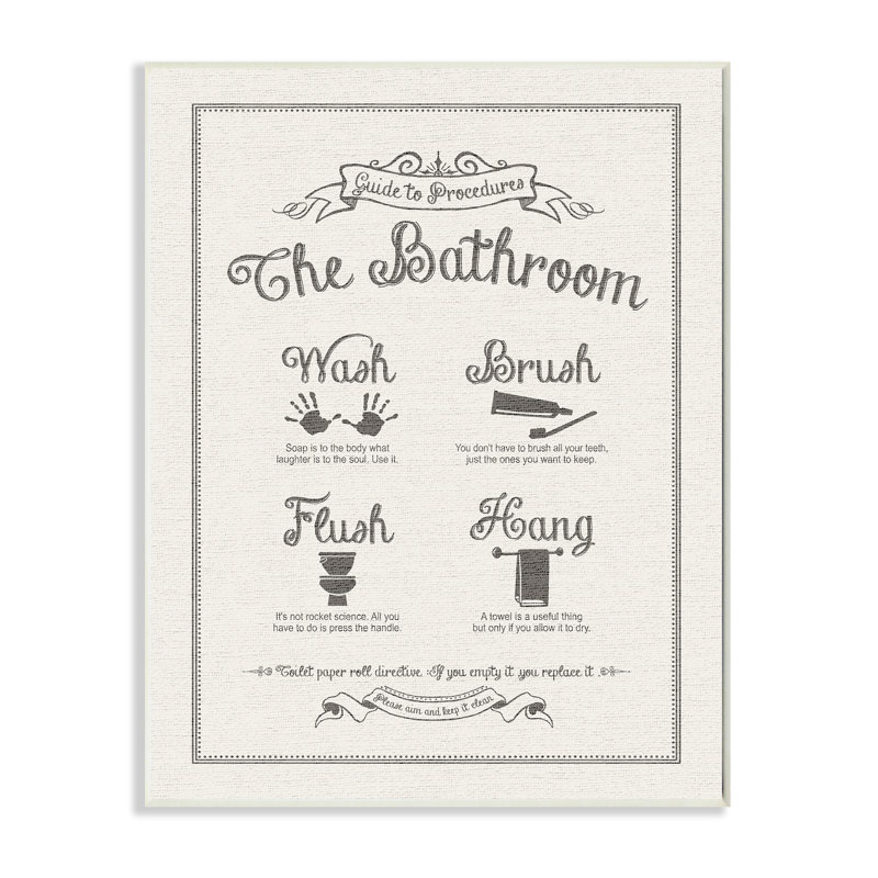 «Guide to Bathroom Procures» par Lettred and Lined - cadre flottant, reproduction d'art textuel sur toile, Plaque murale