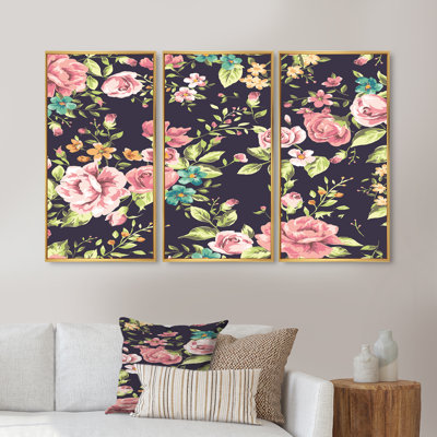 Roses rétro sur fond bleu foncé - ensemble de 3 reproductions d'art encadrées sur toile