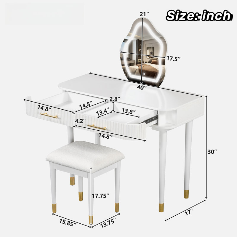 Modern Vanity Table Set With Touch Screen Lighted Mirror, Dressing Table And A Cushioned Stool