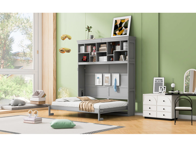 Grand lit escamotable mural avec tablettes supérieures et USB, gris, Gris