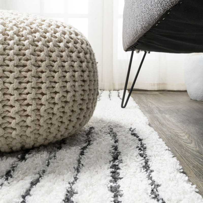 Collingsworth Abstract Stripe Geometric Shag White/Gray Rug, Runner 2' x 8'