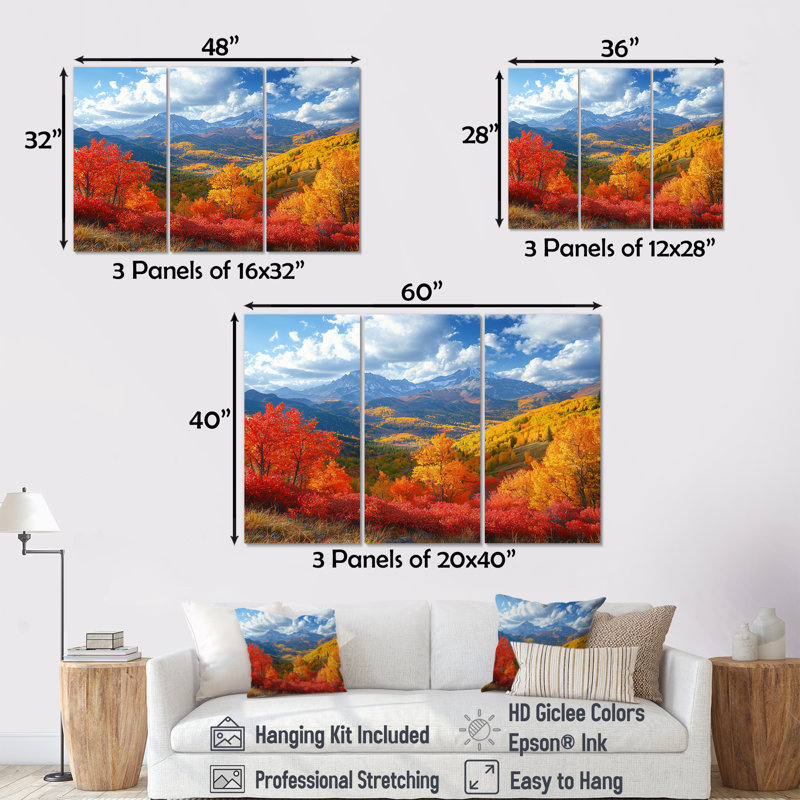 Chaîne de montagnes panoramique en automne II - art mural montagnes - ensemble de 3, H 40 po x l 60 po, Toile tendue