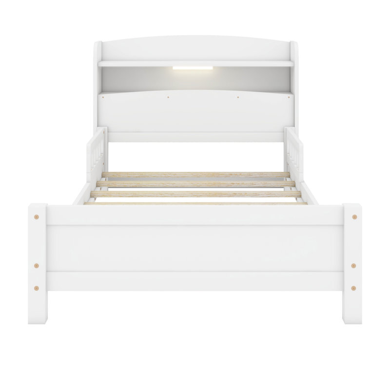 Lit en bois avec tête de lit bibliothèque, capteur de mouvement à DEL, garde-corps, Blanc