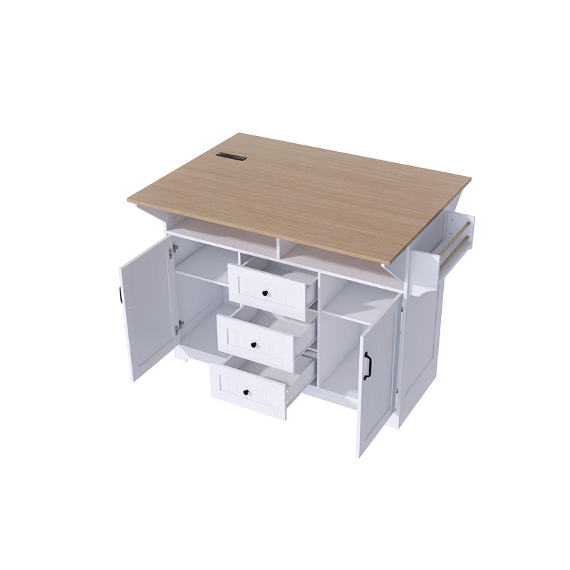 Grand îlot de cuisine en MDF de 55,7 po avec 2 abattants, Blanc
