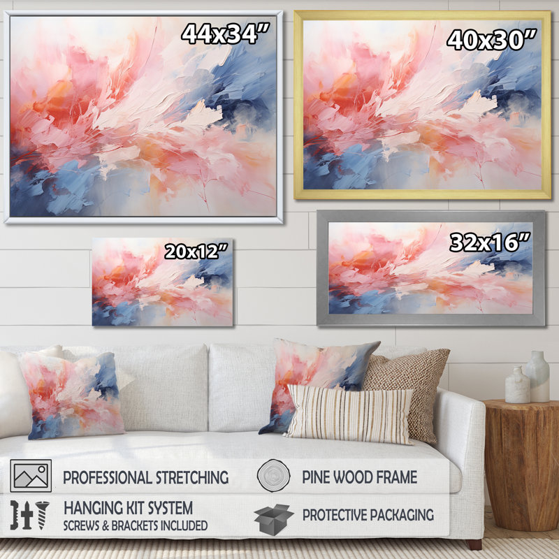 Rose et bleu apaisant tourbillons III - peinture abstraite, art mural, H 12 po x l 20 po x P 1 po, Cadre flottant noir