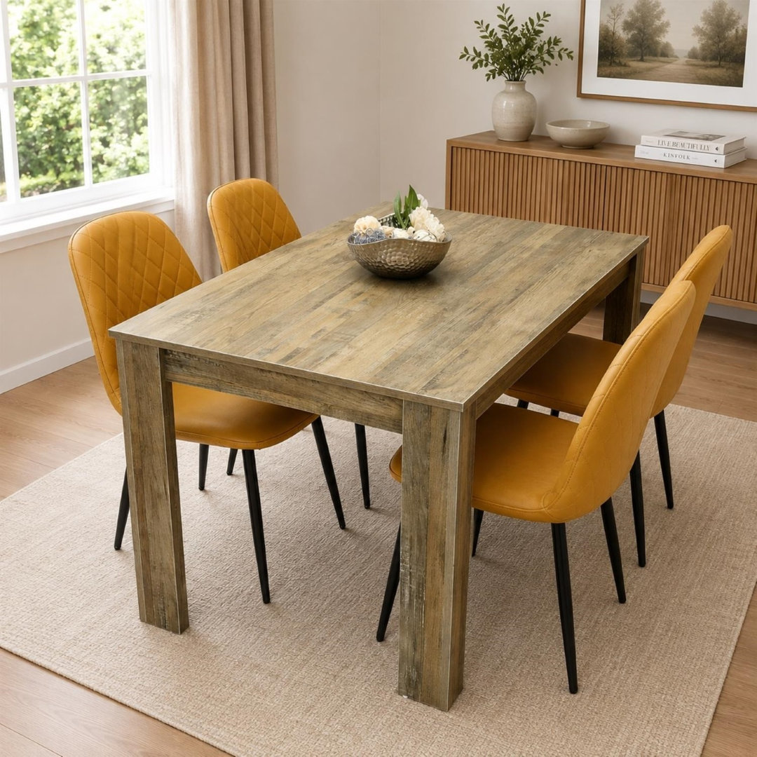 Kosy Koala Unisex Brown Rustic Effect Wooden Dining Table Set With 4 Mustard Gem Pattern Chairs Modern Dining Furniture In - Image 4