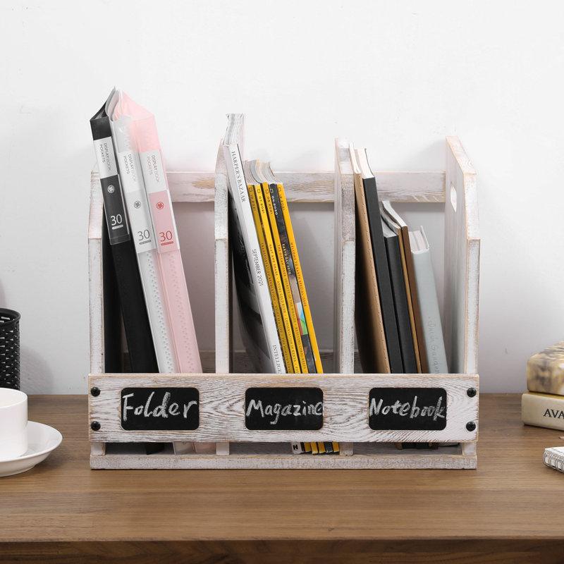Graven Solid Wood Desk File with Chalkboard Labels Magazine Holder, White