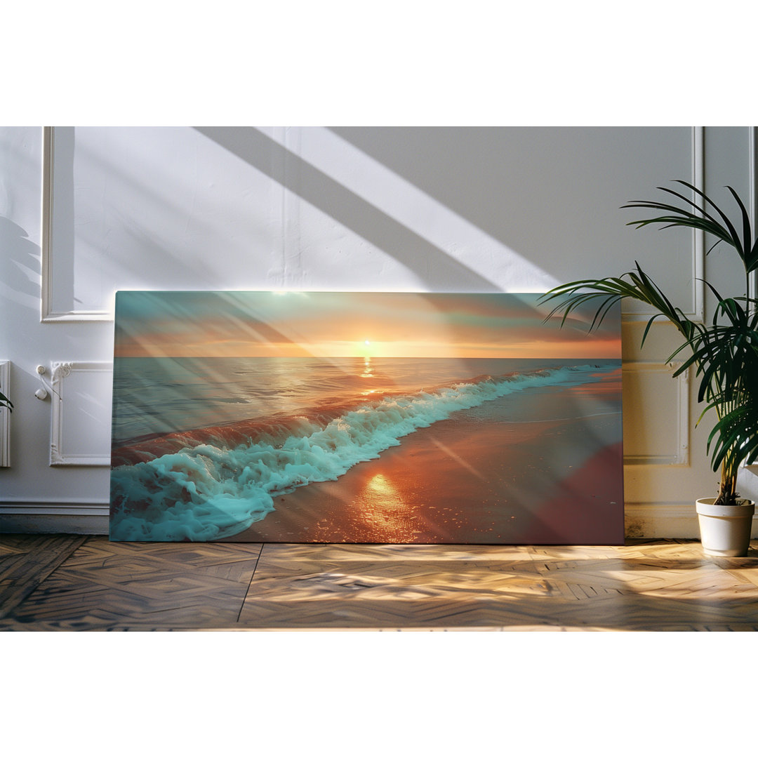 Leinwandbild gerahmt 120x60cm Strand Meer Horizont roter Himmel Sonnenuntergang