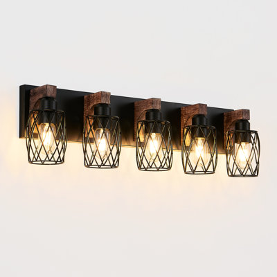 Vintage Industrial 31 - Inch 5 Wall Sconce Black Cage Lighting With Rustic Wood For Hallway, Bedroom, Living Room, Compatible Incandescent And Led Lamps Walnut Bathroom, Office, Entryway, Robust