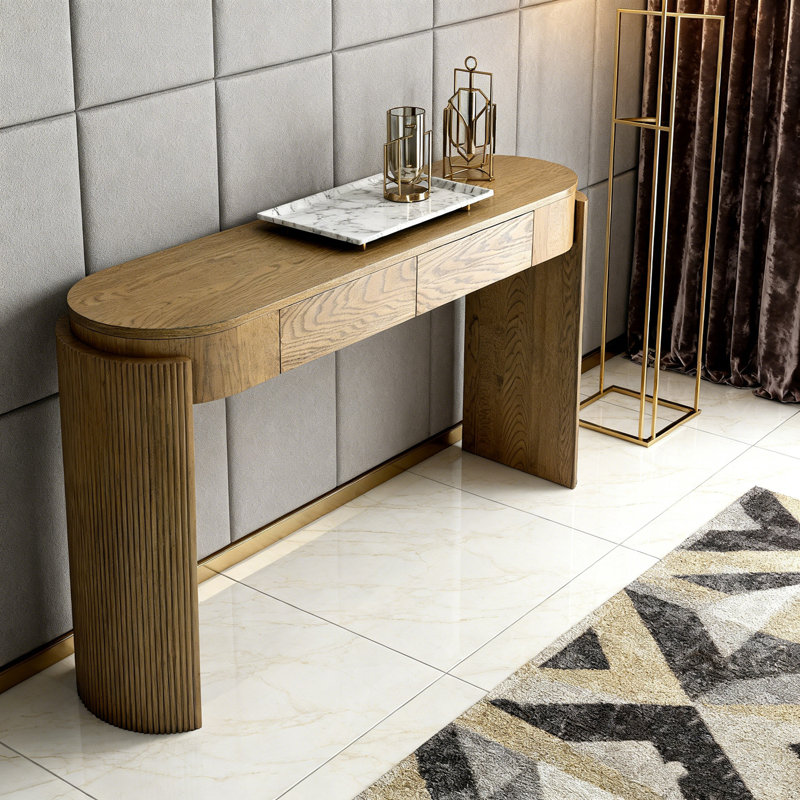 Console avec plateau ovale et deux tiroirs, Brun