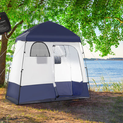 Tente de douche Outsunny, abri intime pour le camping, vestiaire, cabine de douche extérieure instantanée portable avec 2 pièces, sac de douche, sol et sac de transport, bleu