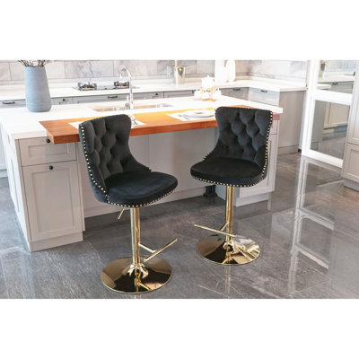 Hauteur de siège réglable, noir, pivotant doré, confortable, velours, moderne, tabourets de bar avec dossier, de 2, pub à domicile, îlot de cuisine, pivotant de 25 à 33 po, noir moderne pour pub et espace