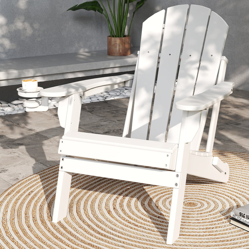 HDPE Folding Outdoor Adirondack Chair With Cup Holder, White