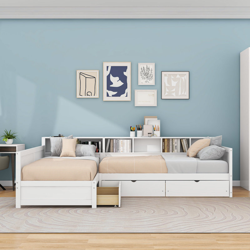 Daybed with 3 Drawers and Bookshelf, White