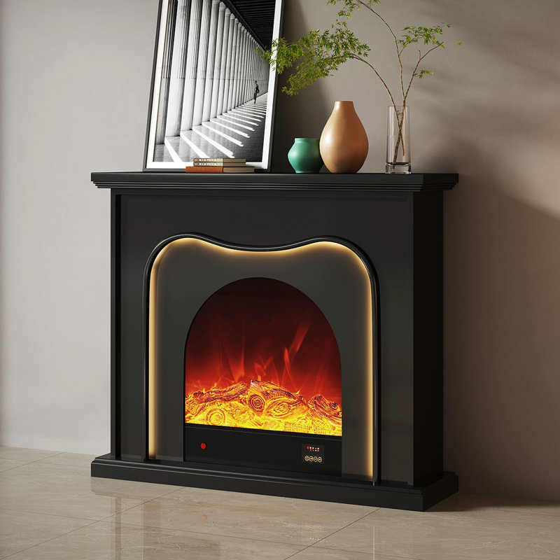 Black Solid + Manufactured Wood Freestanding Fireplace, Black