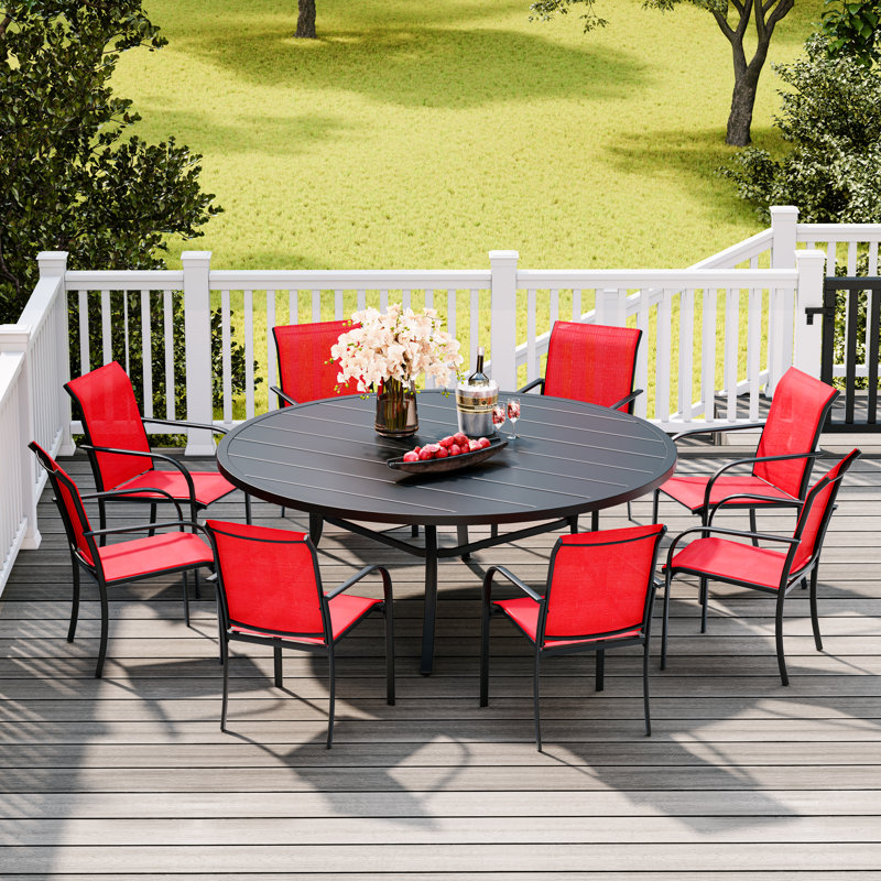 Patio Dining Set with 53" Round Metal Dining Table and 8 Stackable PVC-coated polyester Chairs, Black/Red