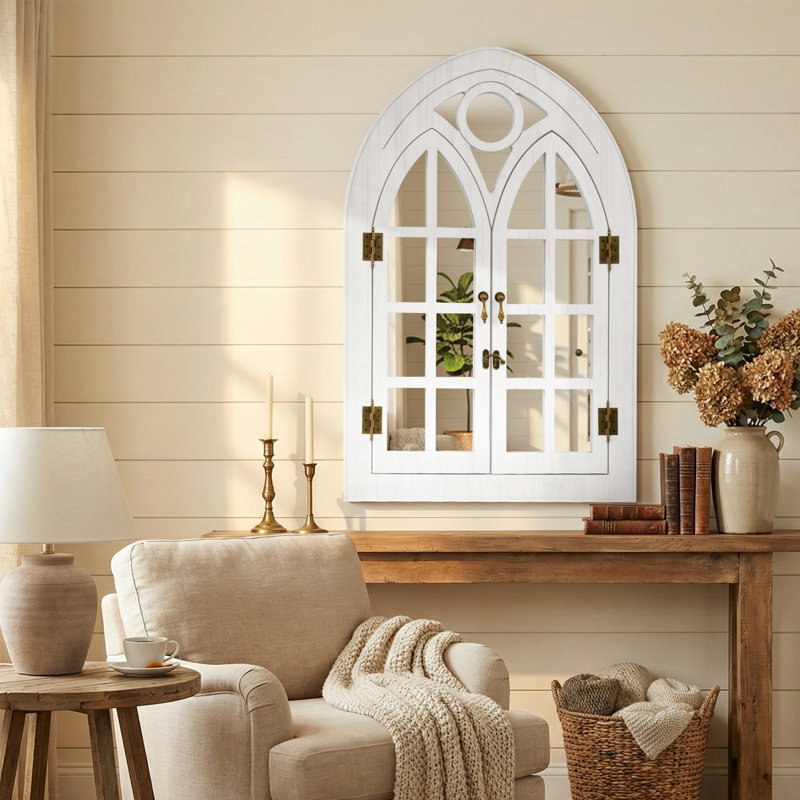 Solid Wood Arched Window Mirror With Opening Doors – Farmhouse Wall Mirror For Bathroom Vanity, Rustic Decorative Mirror