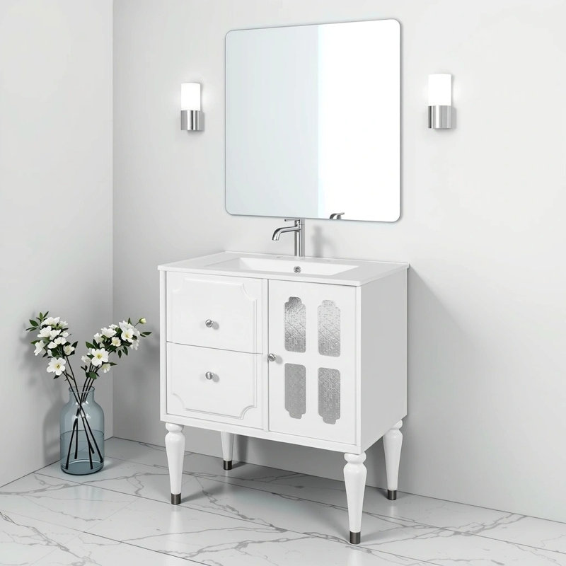 Meuble-lavabo autoportant de 30 po «intemporel» en bois massif et en panneau de fibres à densité moyenne, 2 tiroirs cachés et une tablette réglable avec protection anti-débordement