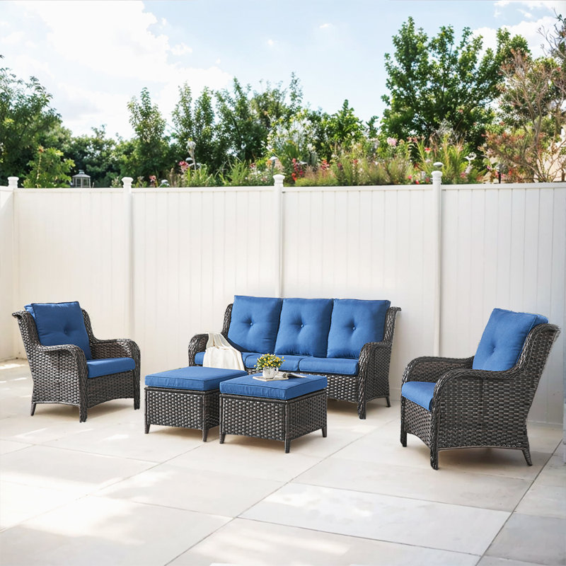 Ensemble de patio complet en osier avec coussins 5 pièces Bonia, Bleu