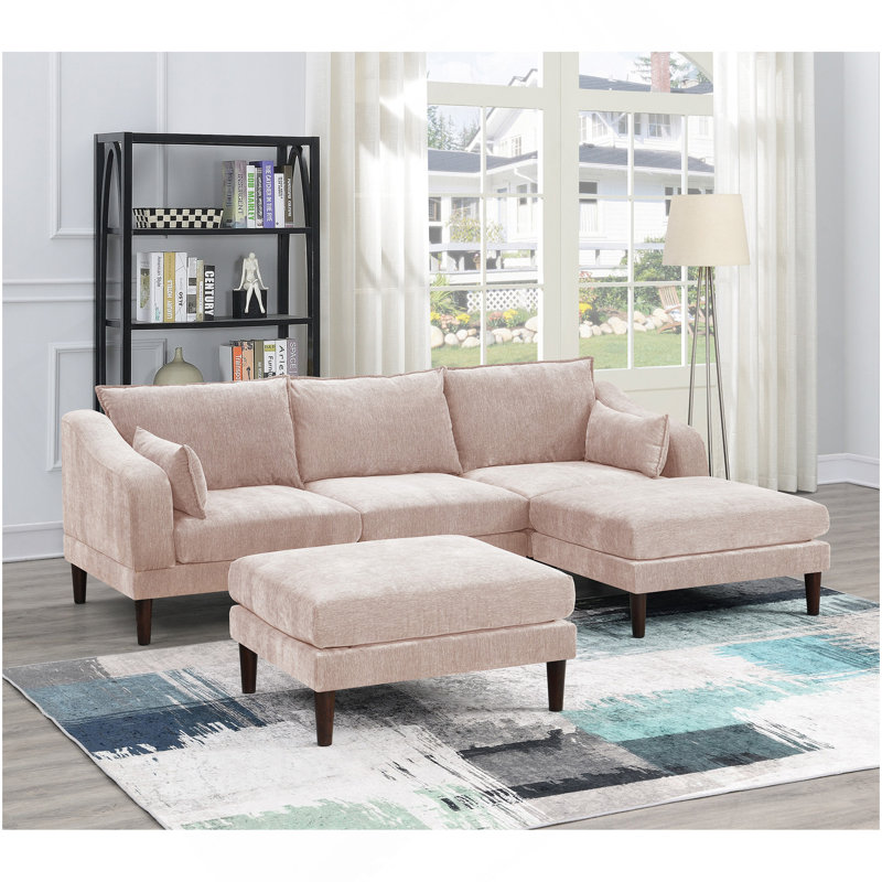 Contemporary 5Pcs Modular Sectional Set One Arm Chairs Armless Chair Ottomans L-Shaped Sectional Blush Pink Morgan Fabric