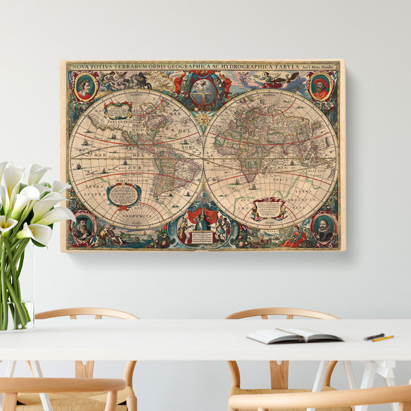 Vintage World Map Vol.1 by Henricus Hondius Ii - Wrapped Canvas Painting, 35cm H x 50cm W x 3cm D