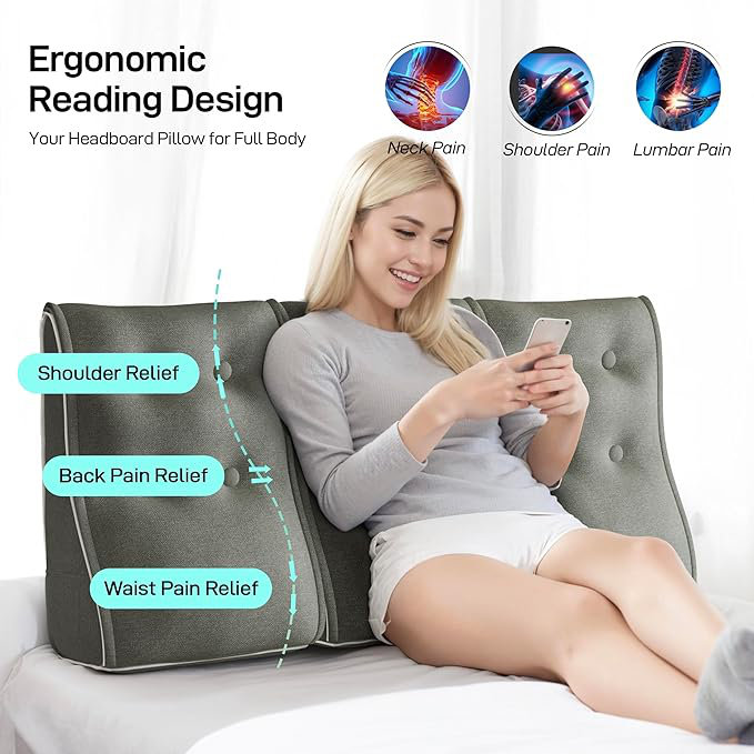 Curved Wedge Reading Pillows Connectable Linen Headboard For Sitting Up In Bed Sofa Backrest Lumbar Support Cushion, Black