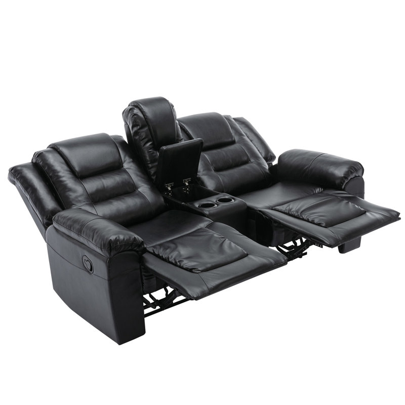 Black Faux Leather Reclining Home Theater Chair with Cup Holders