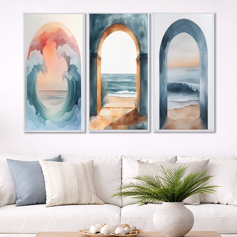 «Arch Waves Horizon», ensemble de 3 toiles encadrées encadrées, 40" H x 60" W, White Floater Framed