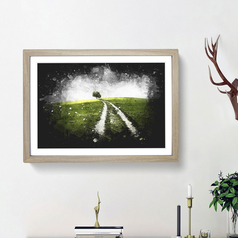 Path to a Lone Tree - Picture Frame Graphic Art Print, 33cm H x 45cm W x 2cm D, Oak Framed