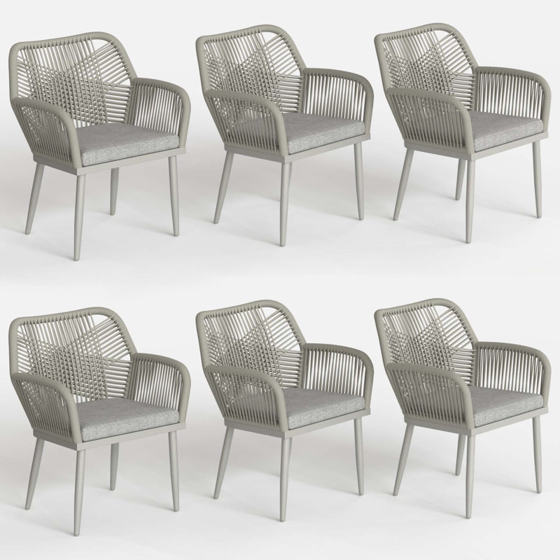 Patio Dining Armchair with Cushion, 6, Light Grey, White