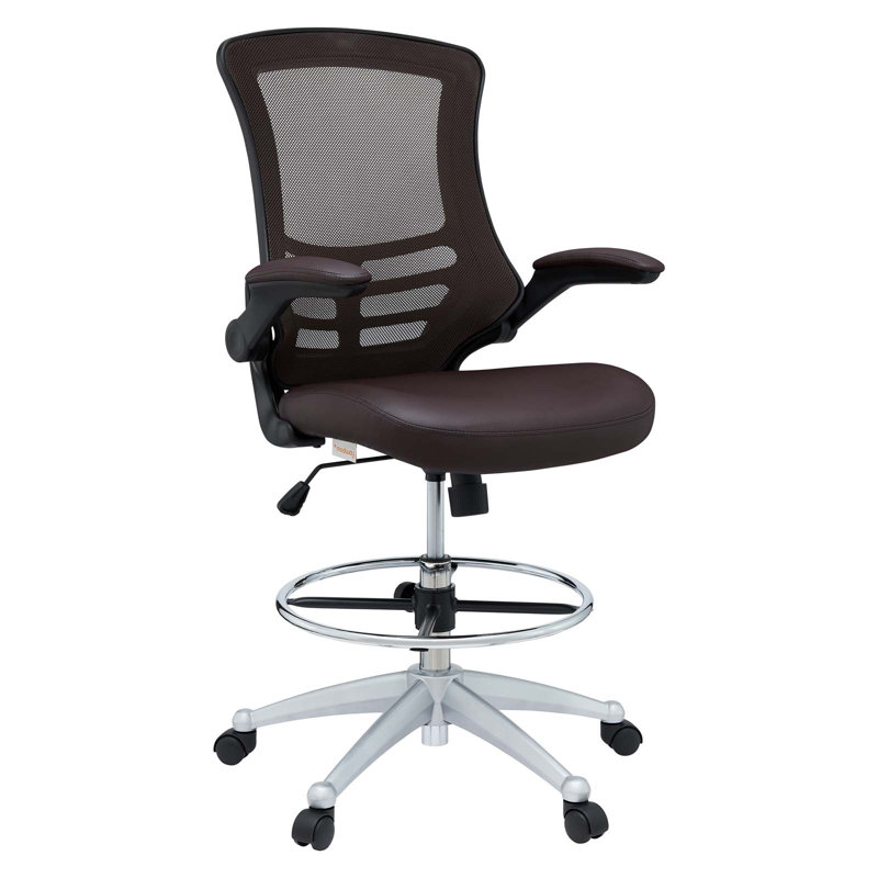 Elevated Brown Vinyl & Mesh Drafting Chair with Adjustable Arms and Swivel