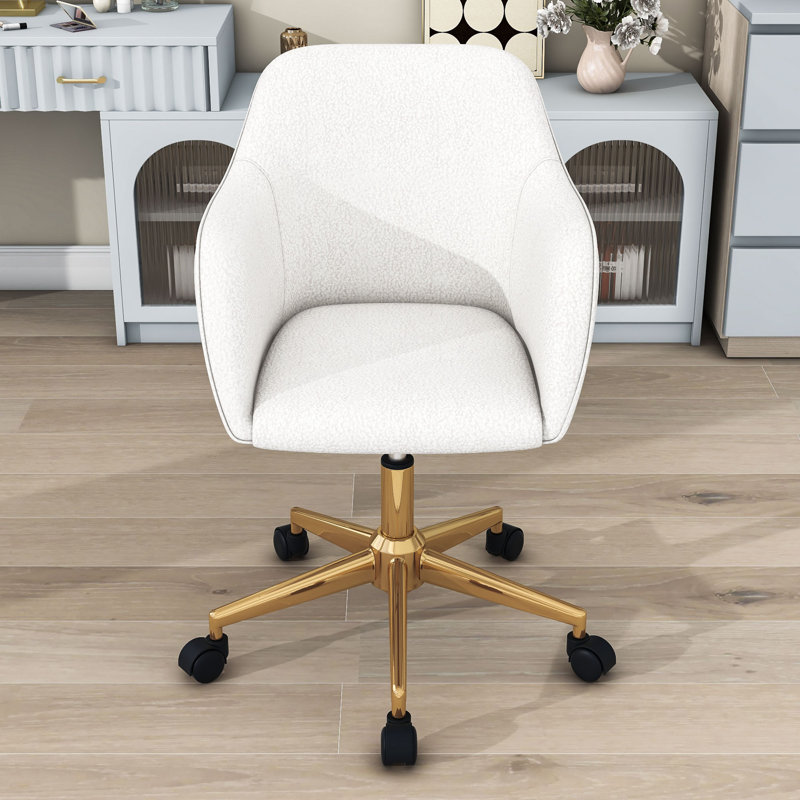 Swivel Accent Chairs with Metal Legs and Universal Wheels, Adjustable Height Office Chair, Teddy, White