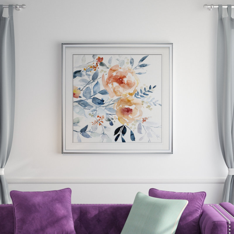 «Flowering Branches I», peinture, H 24 po x l 24 po x 1,5 po, Encadrement argenté