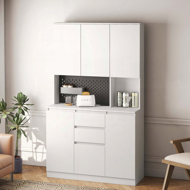 Garde-manger autoportant avec station de charge et support pour micro-ondes, White