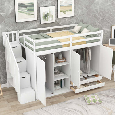 Storage Bed with 3 Shelves, 2 Wardrobes and 2 Drawers