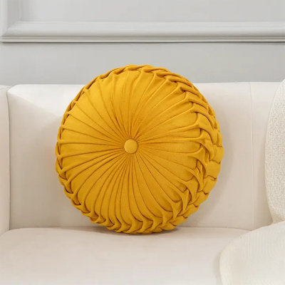 Yellow Velvet Pintucked Filled Throw Pillow 15" Round