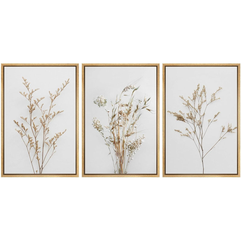 Wildflower Floral Botanical Neutral Boho Minimalist Framed Canvas 3 Pieces Pictures Print Wall Art, 24" H x 16" W x 1.5" D