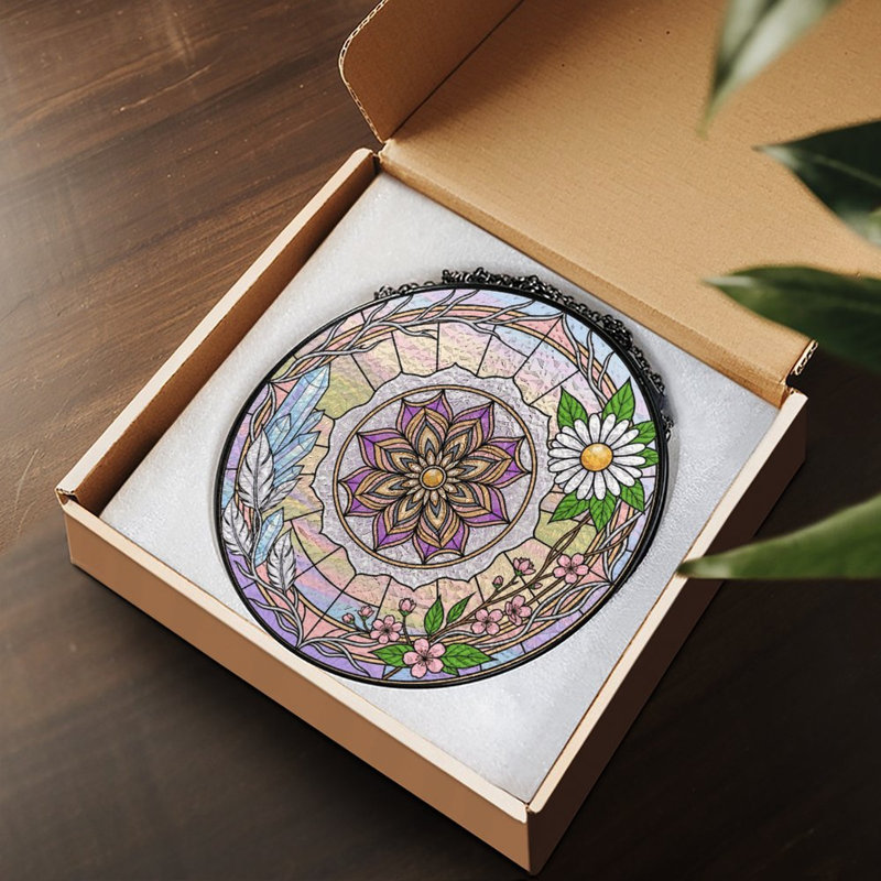 Mandala Stained‑Glass Art Stained Glass Panels Suncatcher for Window Decor, 7.8x7.8in(20x20cm)