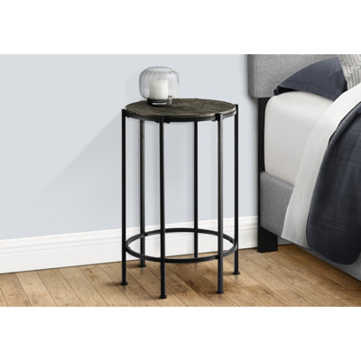 Élégante table d'appoint en stratifié bronze foncé avec base en métal noir, idéale pour la chambre à coucher