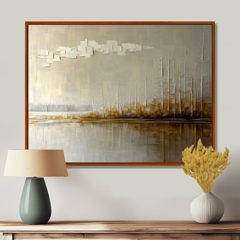 Toile dorée dorée, art moderne forêt grise, horizon gris doré moderne, H 34 po x l 44 po, Cadre flottant brun