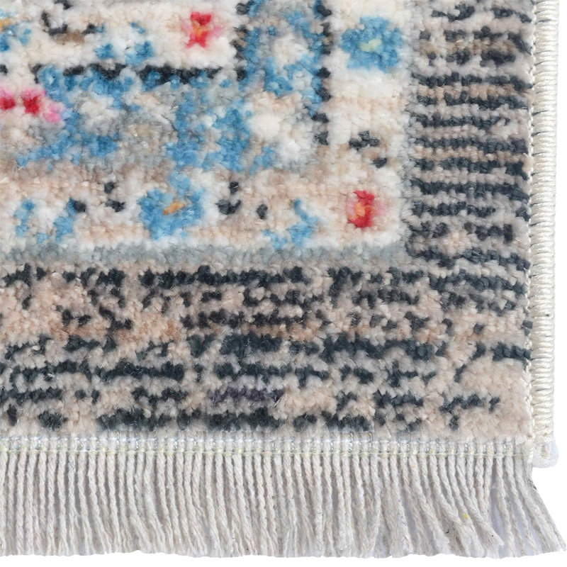 Tapis Beier pour tapis de salon, tapis lavable à la machine, tapis d'intérieur en polyester tissé à la machine - Tapis de couloir | Gris et bleu | Conception orientale