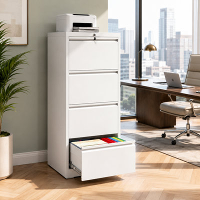 4 Drawer Lateral File Cabinet with Lock in White, Metal Filing Cabinet for Home Office, Steel Wide Horizontal File Cabinet for Letter Legal A4 F4 Hanging Files, Anti Tip Interlock Design