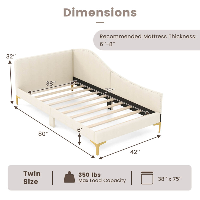Upholstered Daybed Rivet-tufted Platform Bed With Metal Legs, Beige, Twin