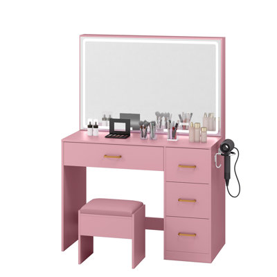 Pink Makeup Vanity Table Set Stool with USB Power Outlets, LED Lighted Mirror, Storage Drawer, Hairdryer Holder