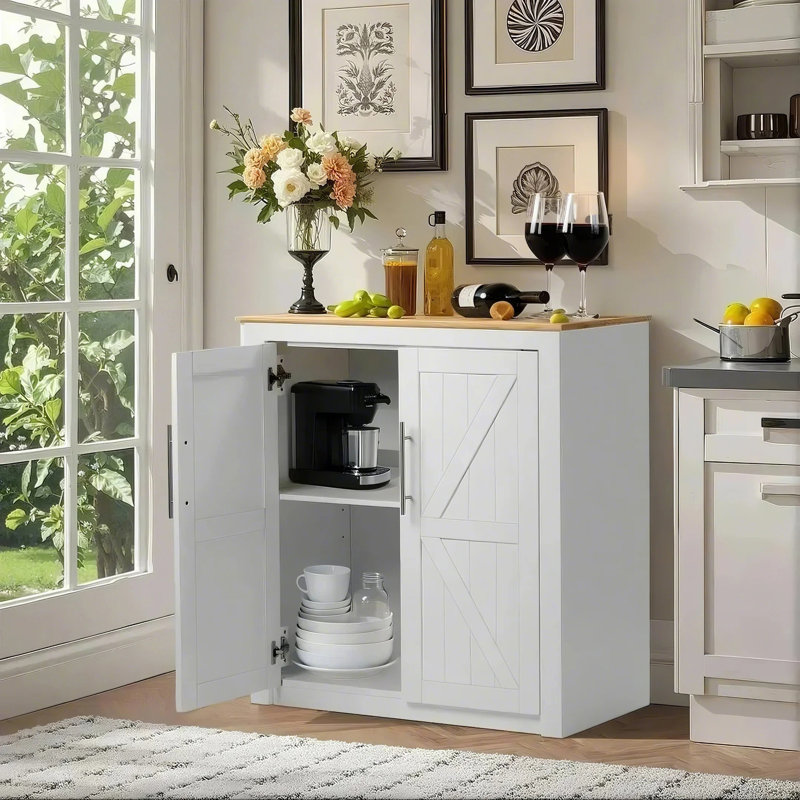 Accent Cabinet with 2 Barn Doors & Solid Wood Tabletop - 31.5"x15.8"x34", White/Natural