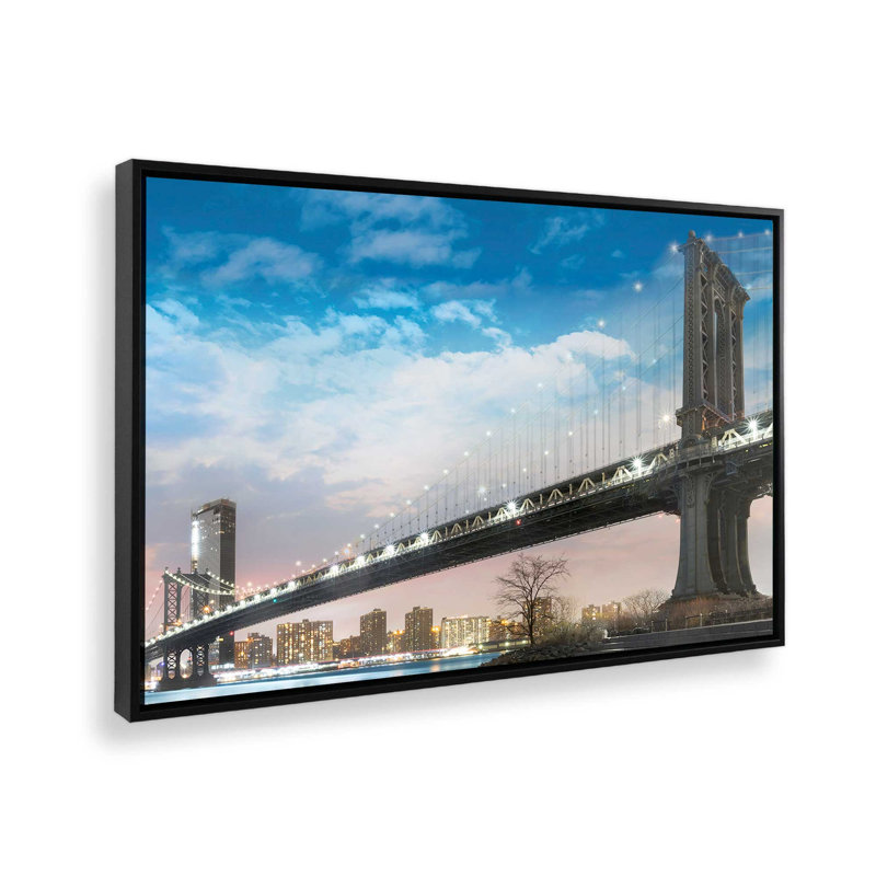 Pont de Brooklyn et Manhattan, impression sur toile dans un cadre, H 12,75 po x l 18,75 po, Noir satiné