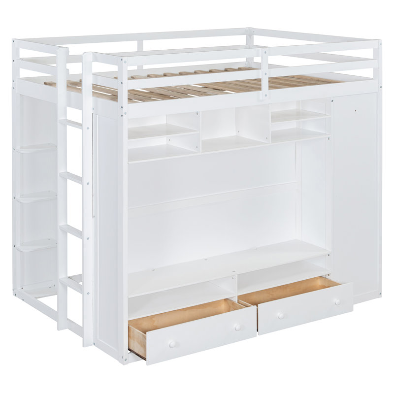 Lit mezzanine double avec tiroirs, tablettes, garde-robe et éclairage à DEL - Mobilier de chambre à coucher multifonctionnel peu encombrant - Blanc