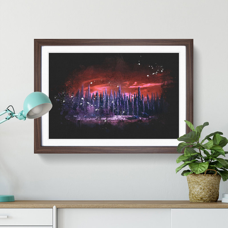 Cypress Trees Paint Splash - Framed Print, 45cm H x 63cm W x 2cm D, Walnut Framed