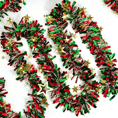 Guirlande de Noël en métal torsadée de 15 m avec étoiles, idéale pour décorer le foyer, le sapin, la rampe d'escalier, la rampe d'escalier ou pour les fêtes de fin d'année, à l'intérieur et à l'extérieur. Couleurs : rouge et vert.