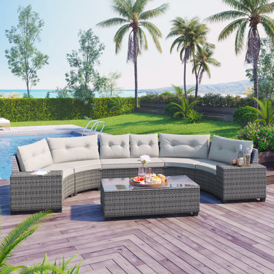 8-pieces Outdoor Wicker Round Sofa Set, Half-Moon Sectional Sets All Weather, Curved Sofa Set With Rectangular Coffee Table, PE Rattan, Movable Cushion, Beige